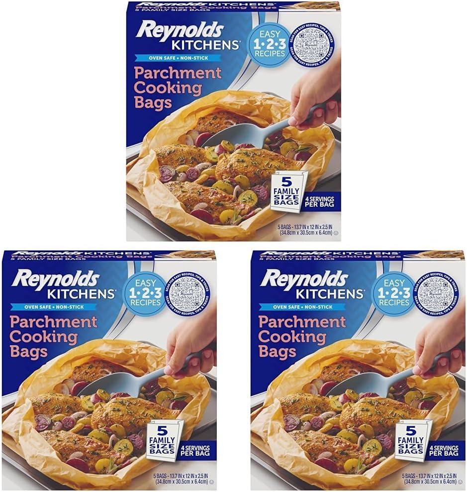 image:imageReynolds Kitchens Parchment Cooking Bags Family Size NonStick Parchment Cooking Bags for the Oven and Microwave OvenSafe up to 425 Degrees Great for Quick Family Meals NoMess Cleanup 5 PackCooking Bags
