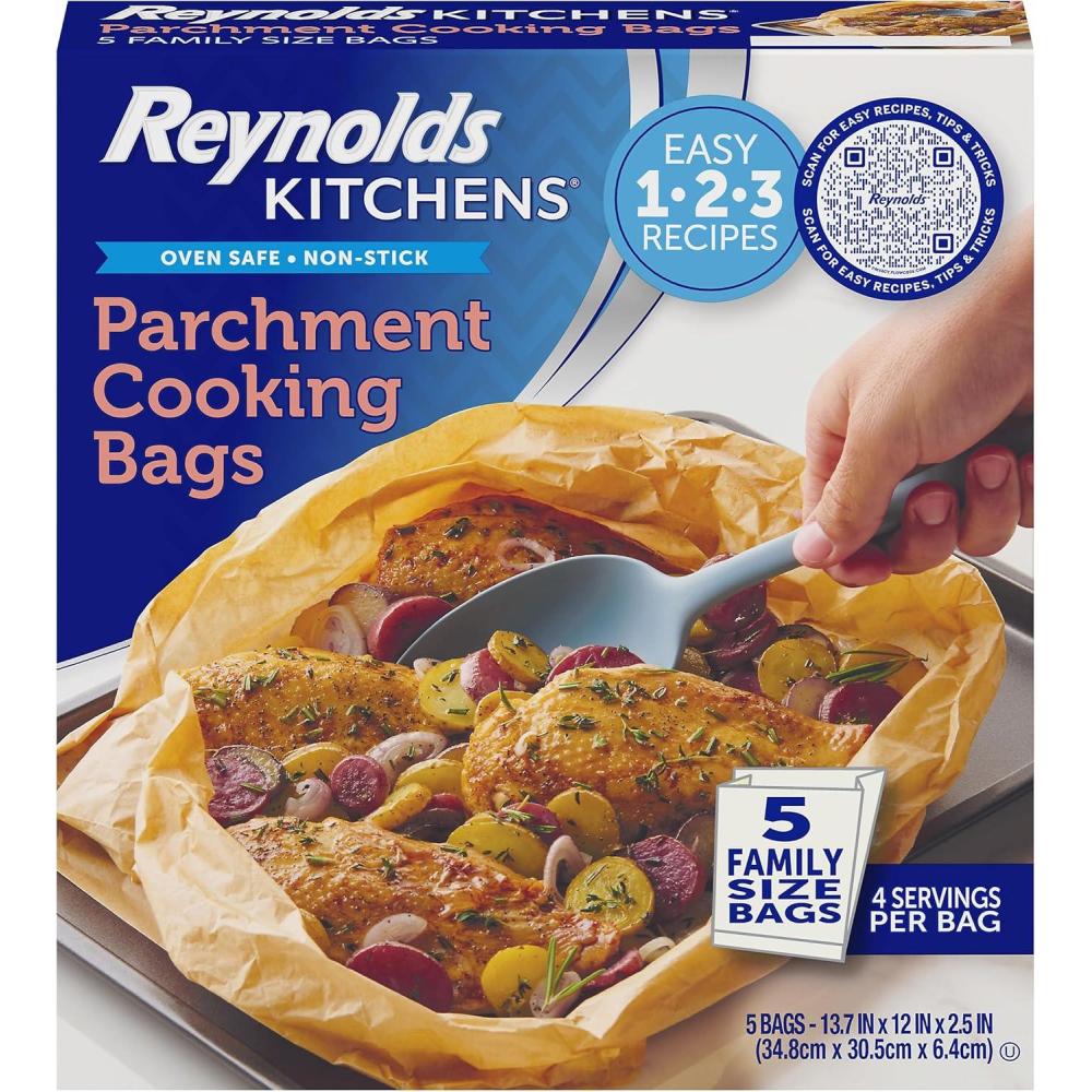 image:imageReynolds Kitchens Parchment Cooking Bags Family Size NonStick Parchment Cooking Bags for the Oven and Microwave OvenSafe up to 425 Degrees Great for Quick Family Meals NoMess Cleanup 5 PackCooking Bags